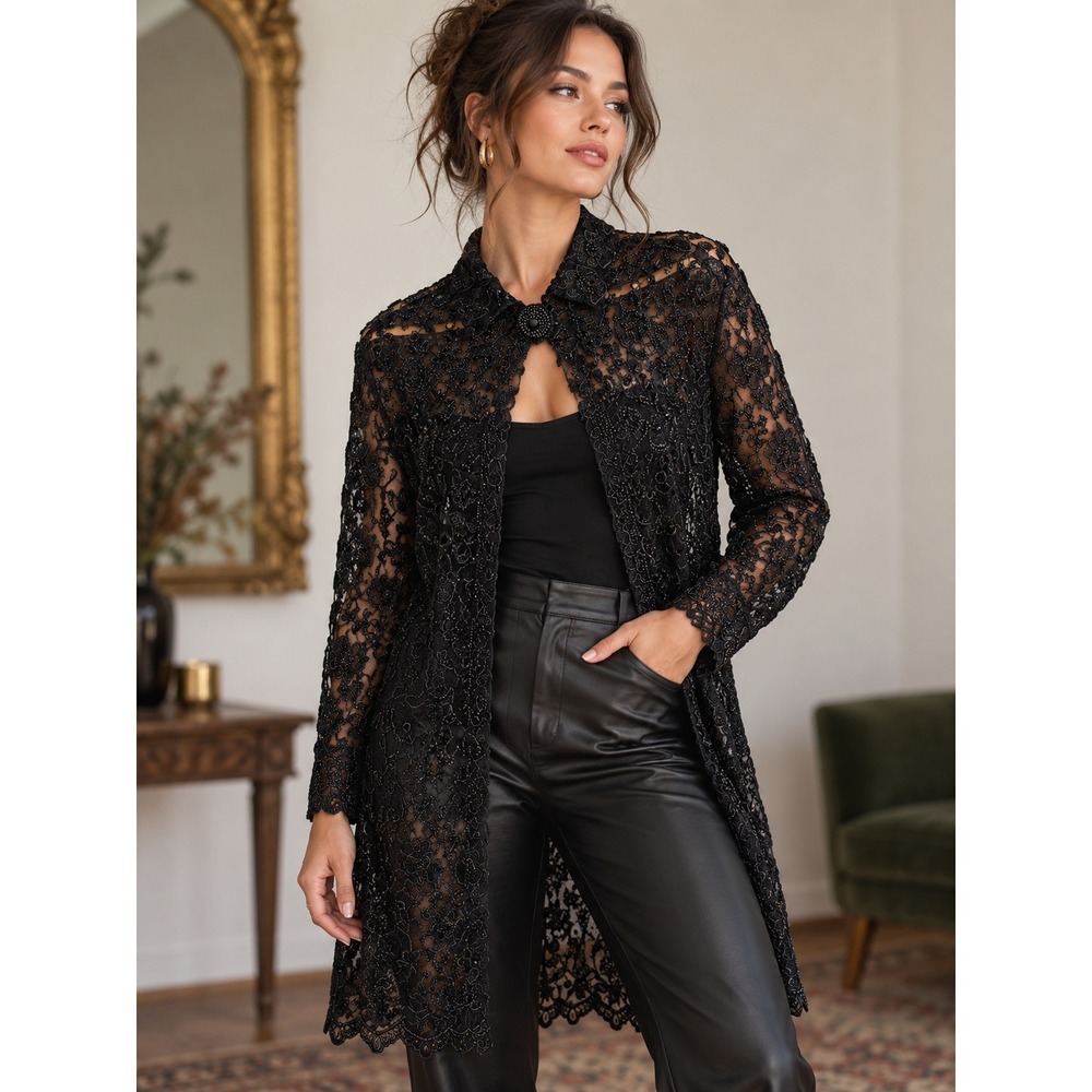 Black Beaded Floral Lace Sheer Duster Jacket Gothic Evening Medium